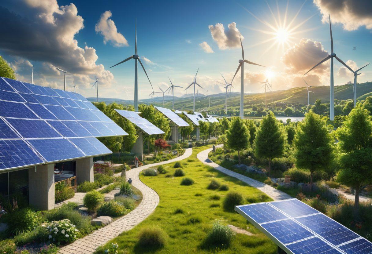 A vibrant landscape featuring diverse renewable energy sources like solar panels, wind turbines, and a bustling energy-efficient city. In the foreground, a diverse group of people engages in discussions, symbolizing empowerment and collaboration. The sky is bright, conveying a sense of hope and sustainability. Elements of nature, like trees and a clear blue sky, blend harmoniously with modern technology. super-realistic. vibrant colors. eco-friendly theme.