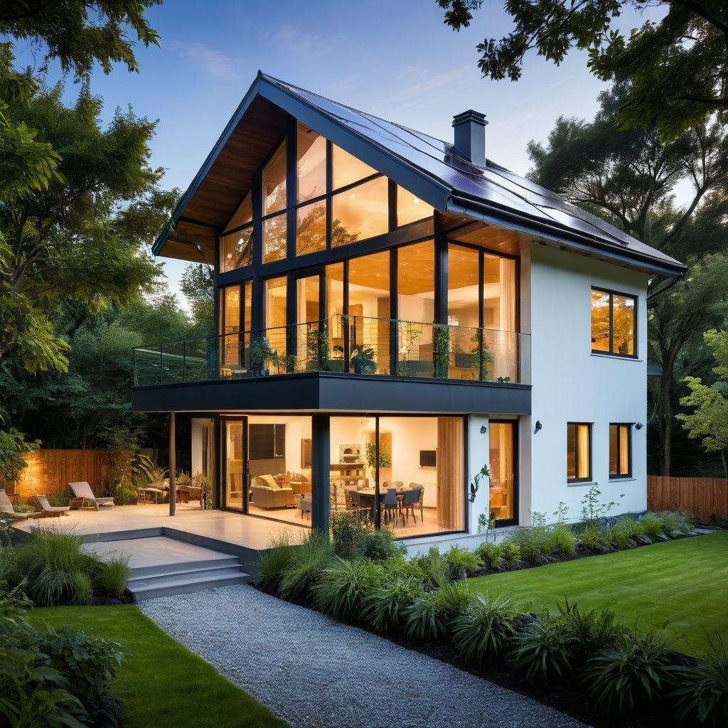 A modern home equipped with solar panels and energy-efficient appliances, surrounded by lush greenery, showcasing a digital energy management dashboard with visual data on energy savings and environmental impact, a warm and inviting atmosphere with sunlight streaming in. super-realistic. vibrant colors. eco-friendly theme.