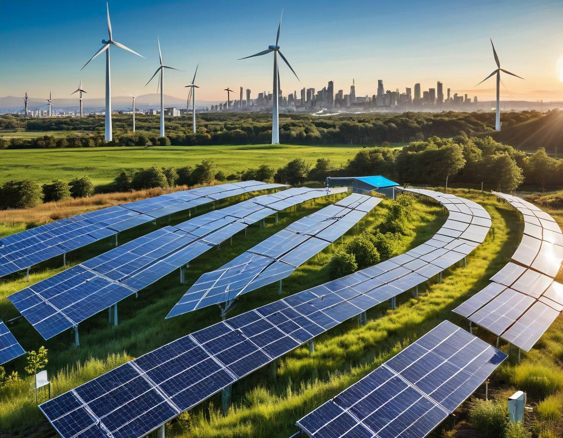 A bright, dynamic landscape showcasing various renewable energy resources such as solar panels soaking up sunlight, wind turbines spinning gracefully against a blue sky, and lush greenery thriving around them. Include a warm glow illuminating a modern city skyline to represent growth and sustainability, with Con Edison’s logo subtly integrated. The overall mood should be uplifting and forward-looking, symbolizing the transition from traditional energy to renewable solutions. super-realistic. vibrant colors. white background.